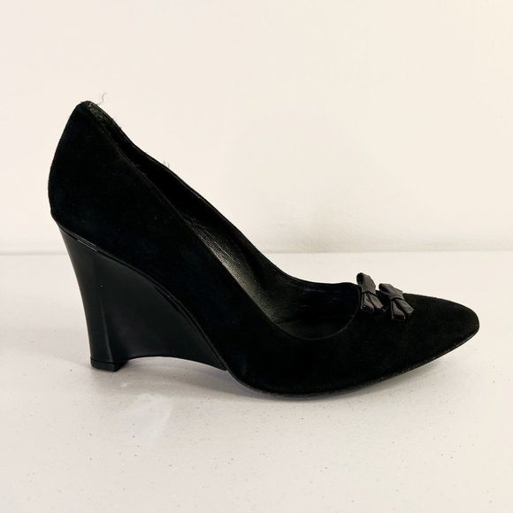Stuart Weitzman Shoes - Stuart Weitzman Black Suede Pointed Toe Wedge Pumps with Bows